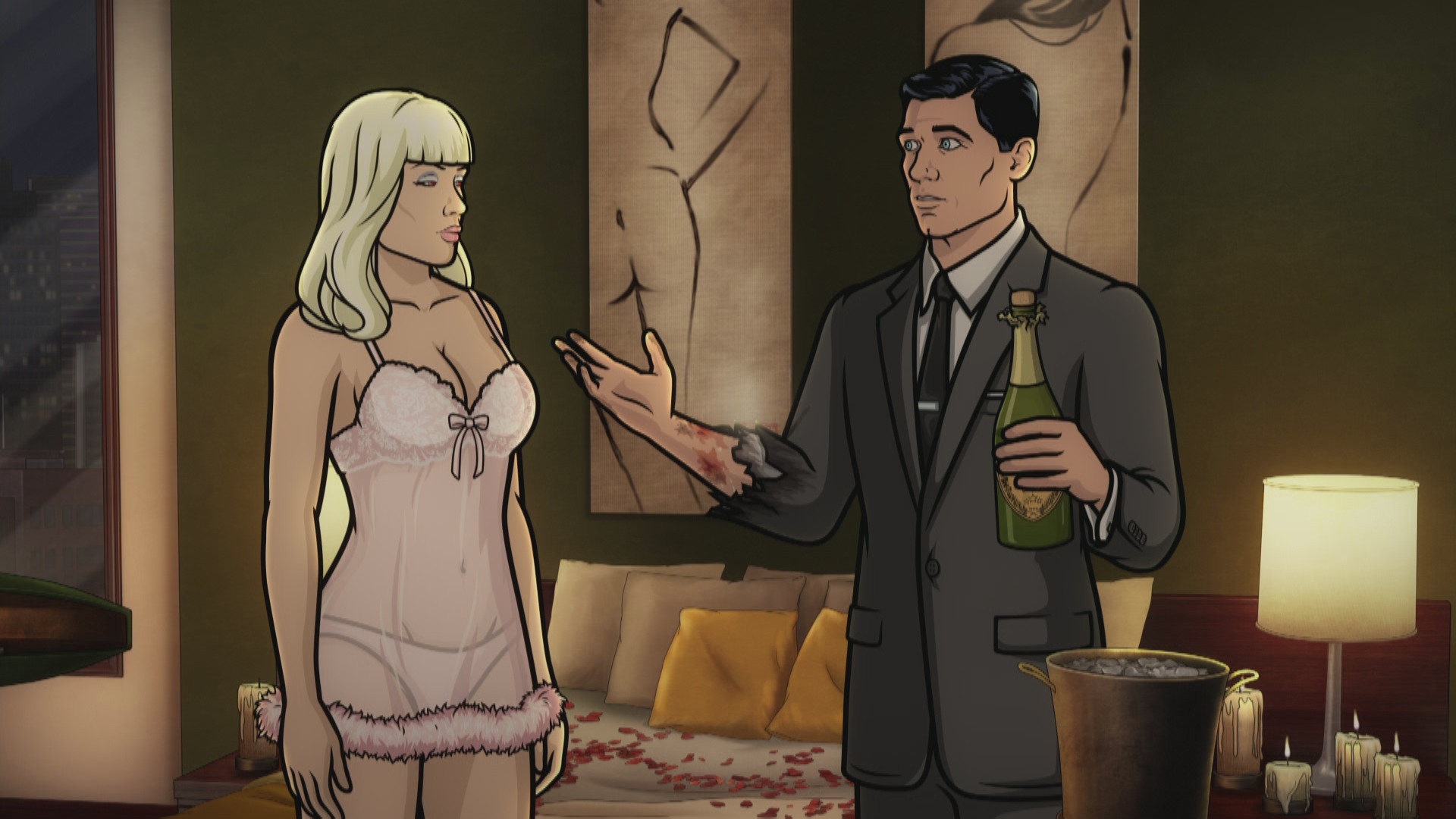 Archer et Katya avec du champagne