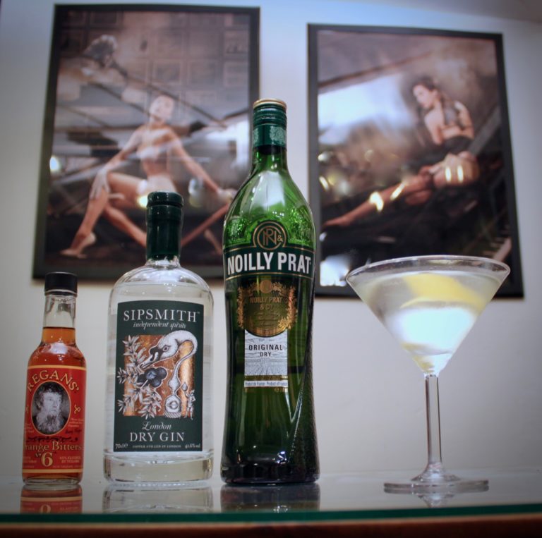 Un cocktail Dry Martini avec ses ingrédients : gin, vermouth sec et orange bitters