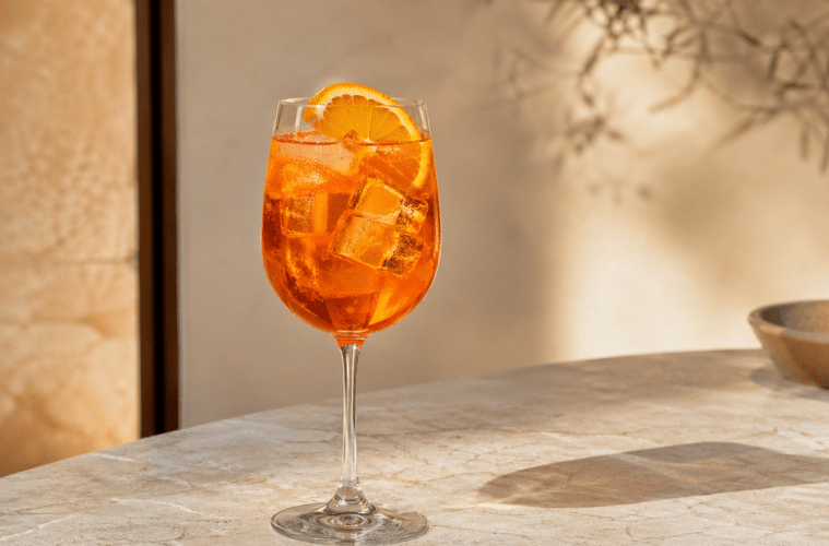 Aperol Spritz dans un verre à vin avec glaçons et rondelle d’orange