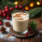 Un verre de Coquito dans un décor de Noël