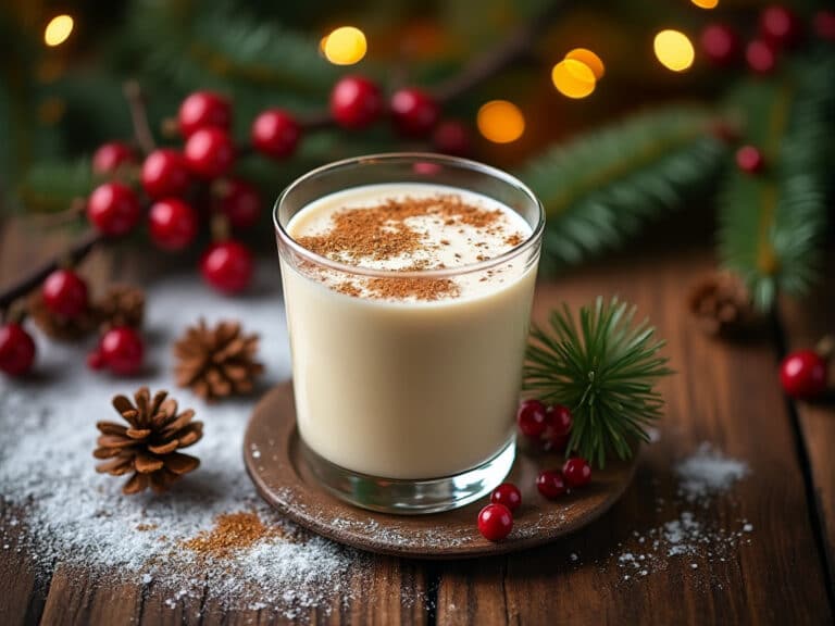 Un verre de Coquito dans un décor de Noël