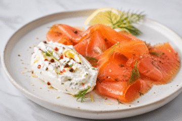 Crème grelette à l’aneth et baies roses servie avec du saumon gravlax