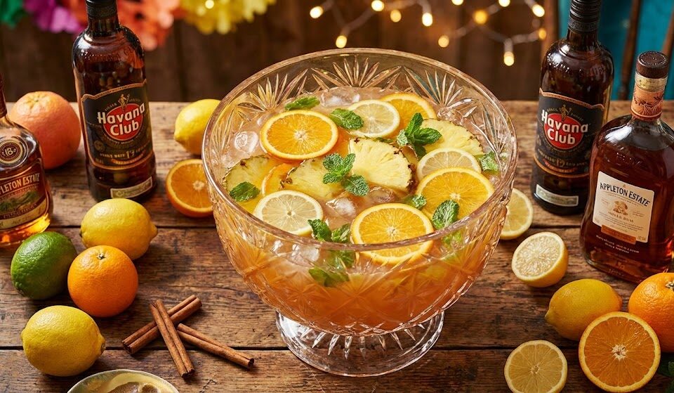 A large glass punch bowl filled with tropical punch, garnished with slices of orange, lemon, pineapple and fresh mint, surrounded by bottles of rum, whole citrus fruits and cinnamon sticks on a rustic wooden table.