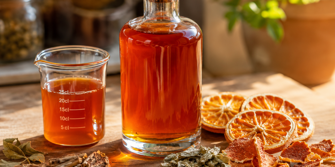 Bouteille de sirop de spritz sans alcool maison, ambré orangé, entourée d’oranges séchées, gentiane, verveine et baies sur un plan de travail en bois.