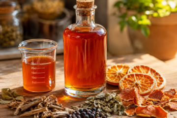 Bouteille de sirop de spritz sans alcool maison, ambré orangé, entourée d’oranges séchées, gentiane, verveine et baies sur un plan de travail en bois.