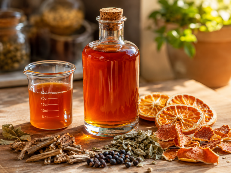 Bouteille de sirop de spritz sans alcool maison, ambré orangé, entourée d’oranges séchées, gentiane, verveine et baies sur un plan de travail en bois.